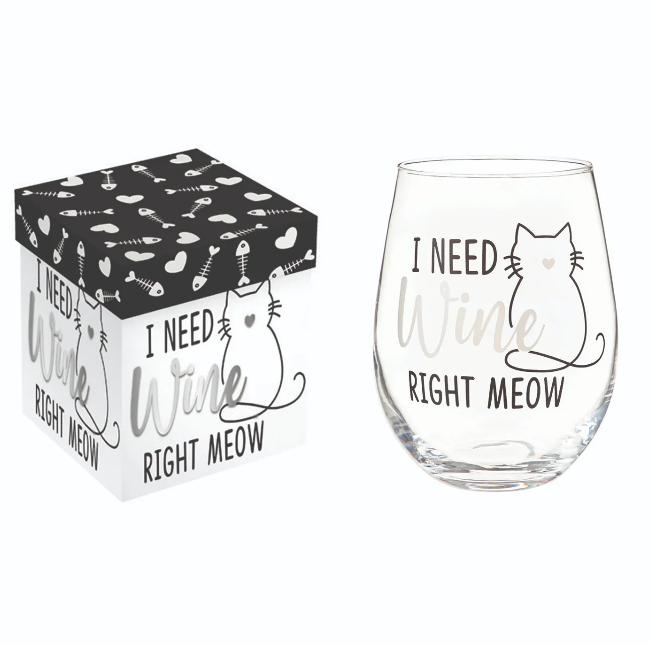 17 oz Stemless Glass w/ Gift Box- I Need Wine Right Meow