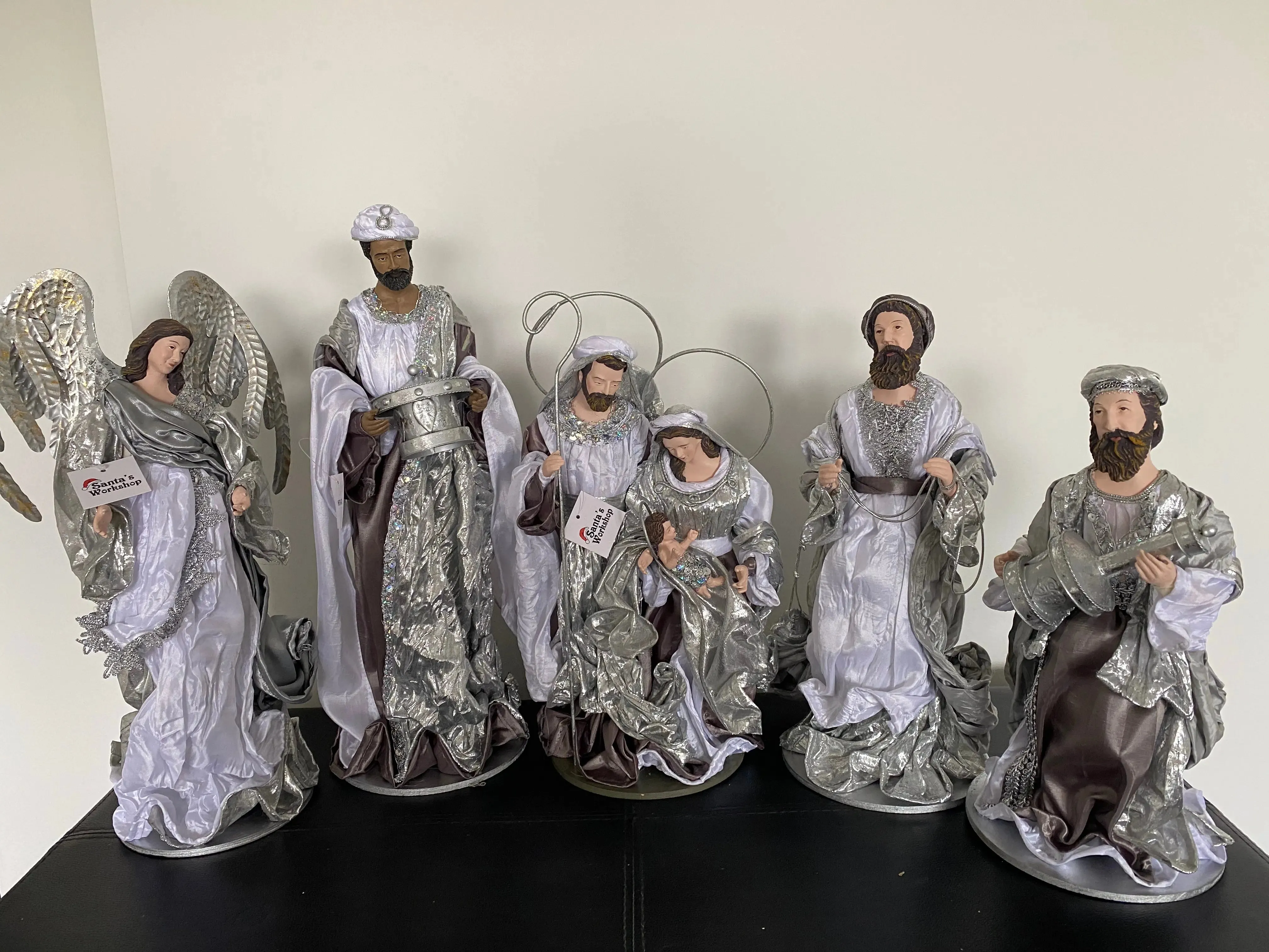 40cm Silver white Christmas Holy Family Nativity set / scene with manger  -35-50cm