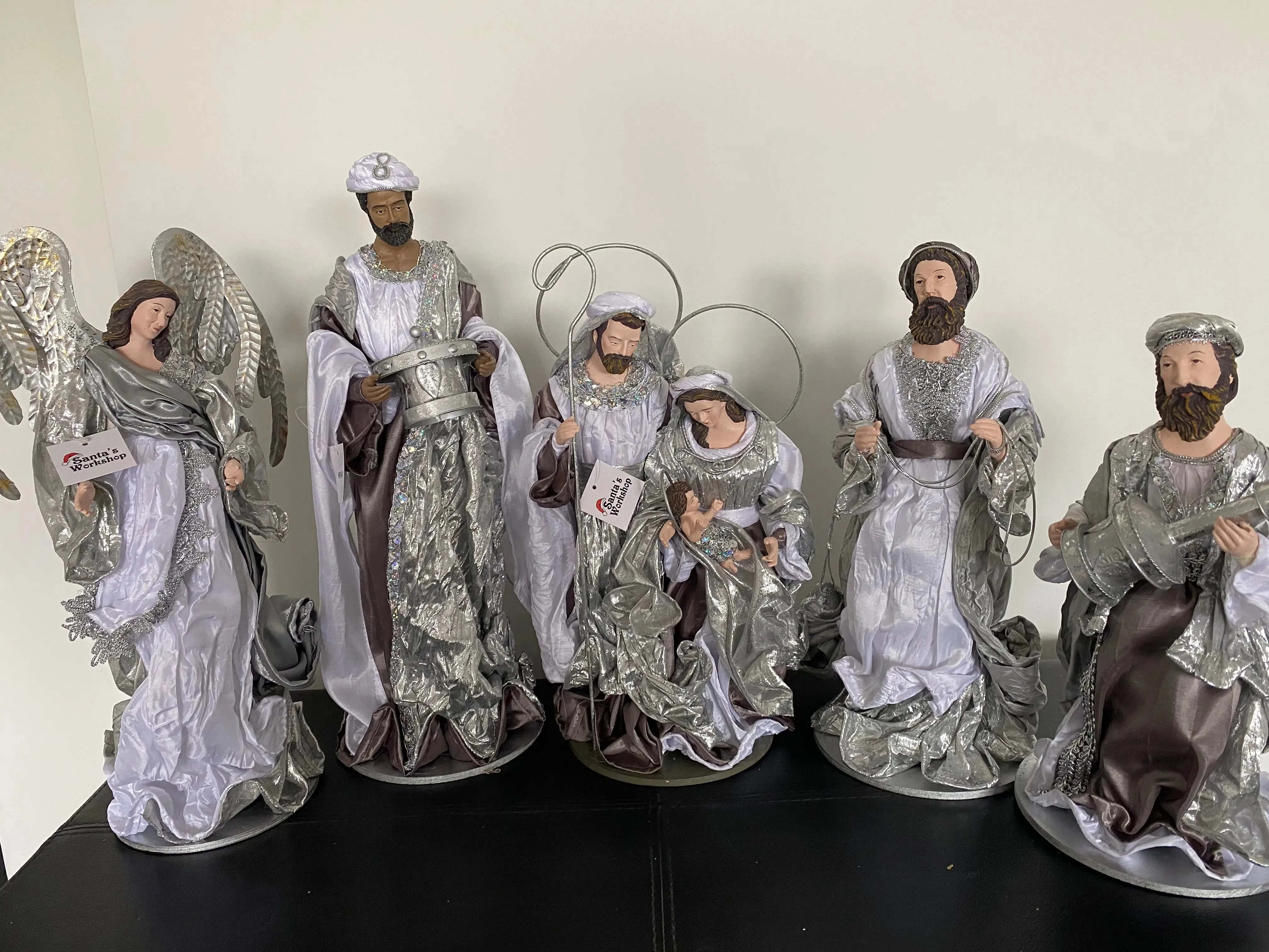 40cm Silver white Christmas Holy Family Nativity set / scene with manger  -35-50cm