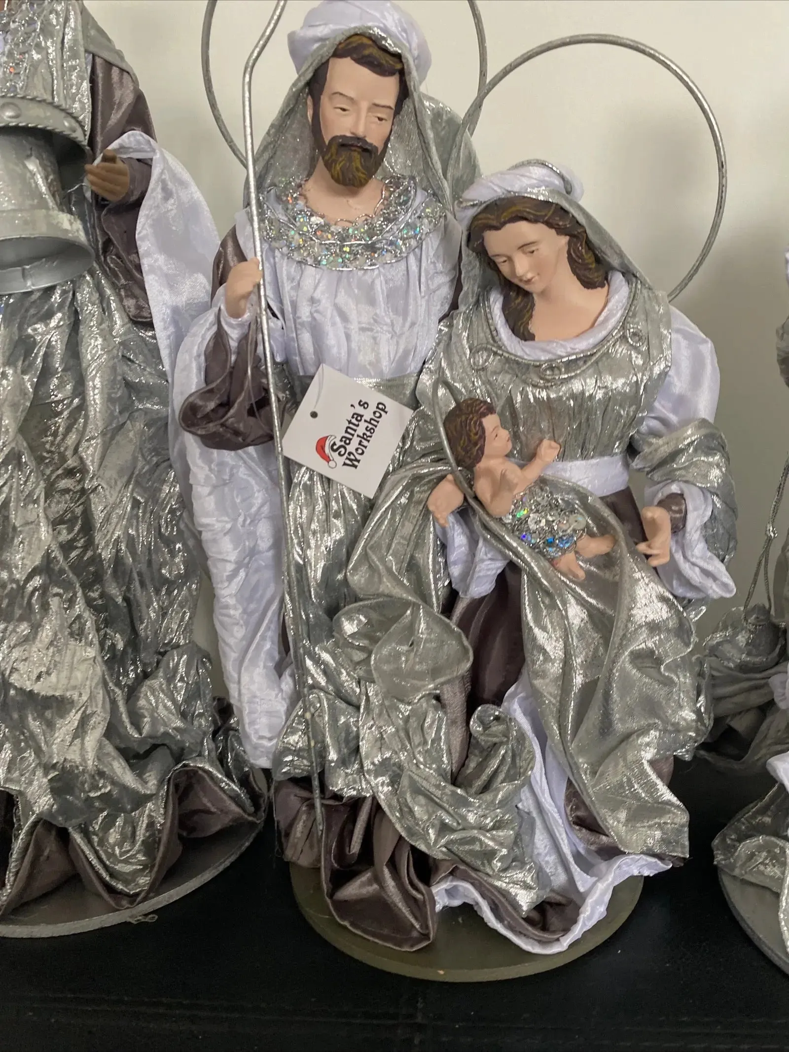 40cm Silver white Christmas Holy Family Nativity set / scene with manger  -35-50cm