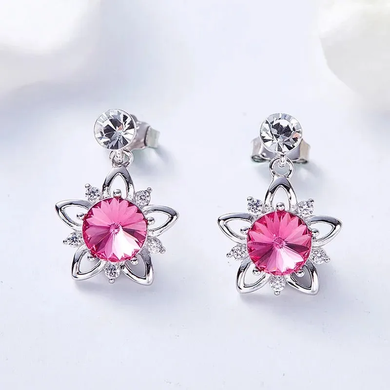 925 silver unique Swarovski crystals fuchsia flower Set