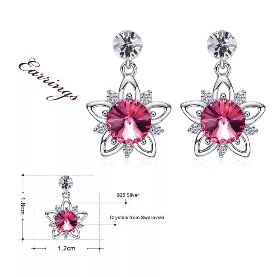 925 silver unique Swarovski crystals fuchsia flower Set