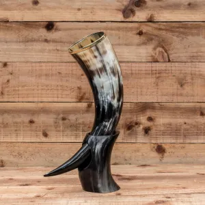 Brass Rim Drinking Horn   Horn Stand