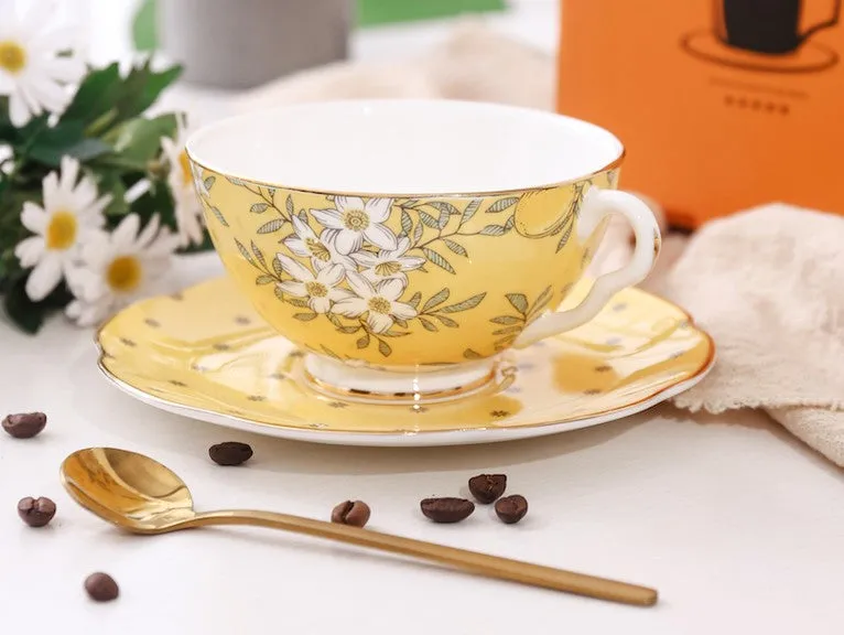 Creative Yellow Ceramic Coffee Cups, Unique Flower Coffee Cups and Saucers, Beautiful British Tea Cups, Creative Bone China Porcelain Tea Cup Set