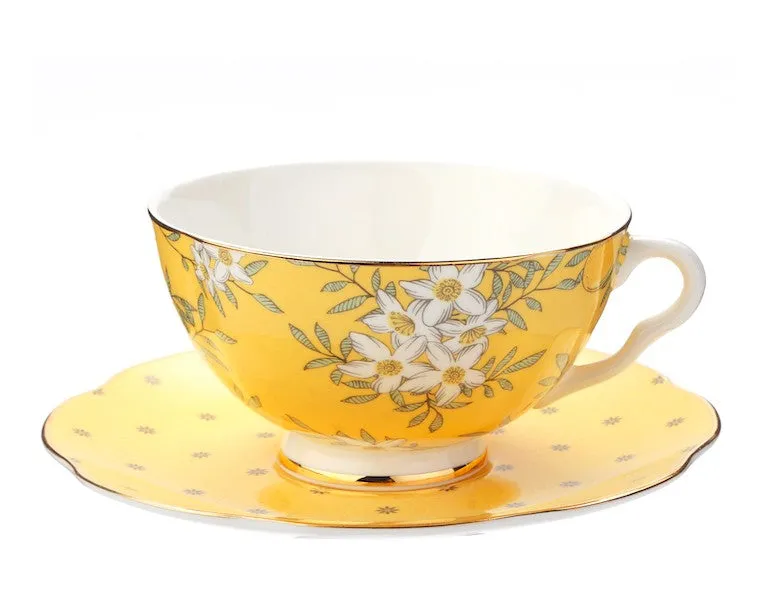 Creative Yellow Ceramic Coffee Cups, Unique Flower Coffee Cups and Saucers, Beautiful British Tea Cups, Creative Bone China Porcelain Tea Cup Set