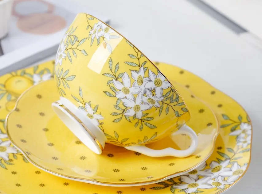 Creative Yellow Ceramic Coffee Cups, Unique Flower Coffee Cups and Saucers, Beautiful British Tea Cups, Creative Bone China Porcelain Tea Cup Set