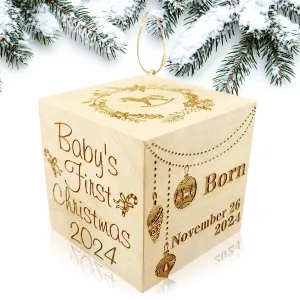 Custom Engraved BIG Baby's First Christmas Ornament Wood Baby Block 2024 (2.5”)