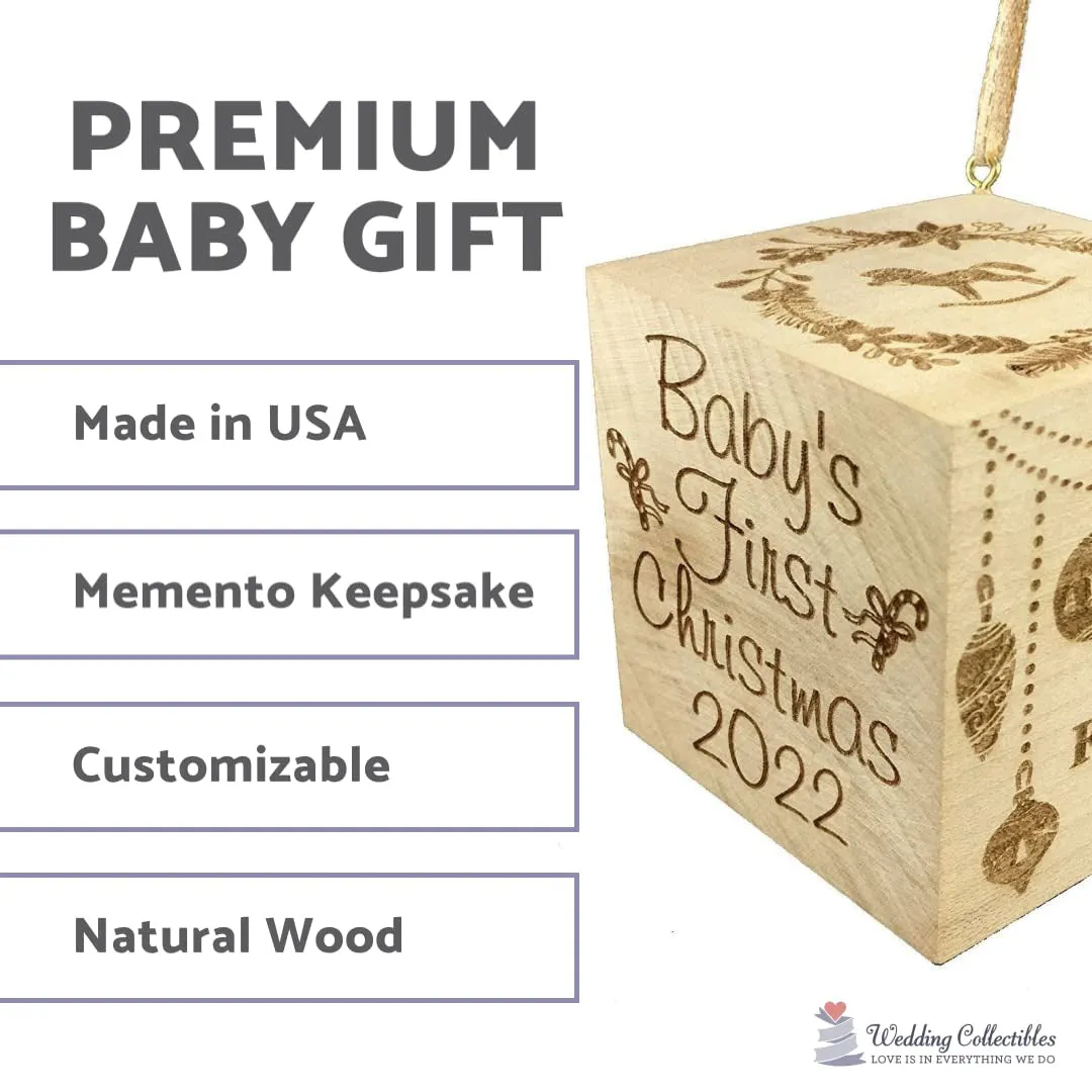 Custom Engraved BIG Baby's First Christmas Ornament Wood Baby Block 2024 (2.5”)