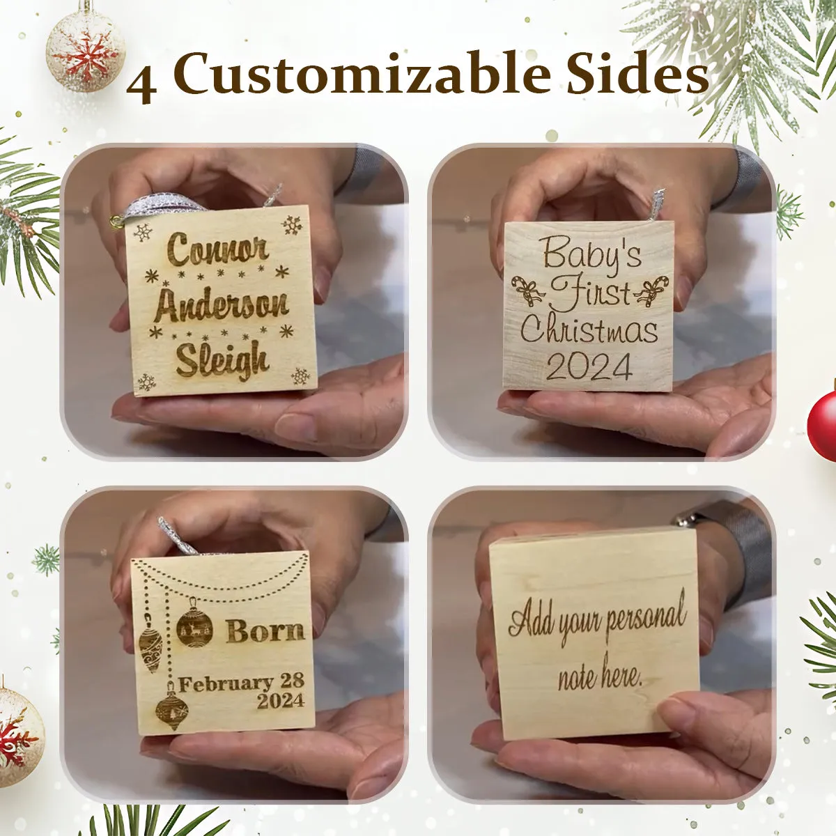 Custom Engraved BIG Baby's First Christmas Ornament Wood Baby Block 2024 (2.5”)