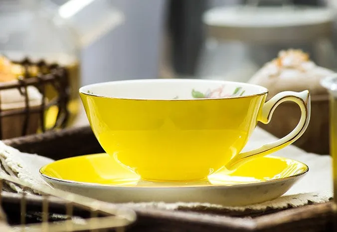 Elegant Yellow Ceramic Cups, Unique Royal Coffee Cup and Saucer, Beautiful British Tea Cups, Creative Bone China Porcelain Tea Cup Set