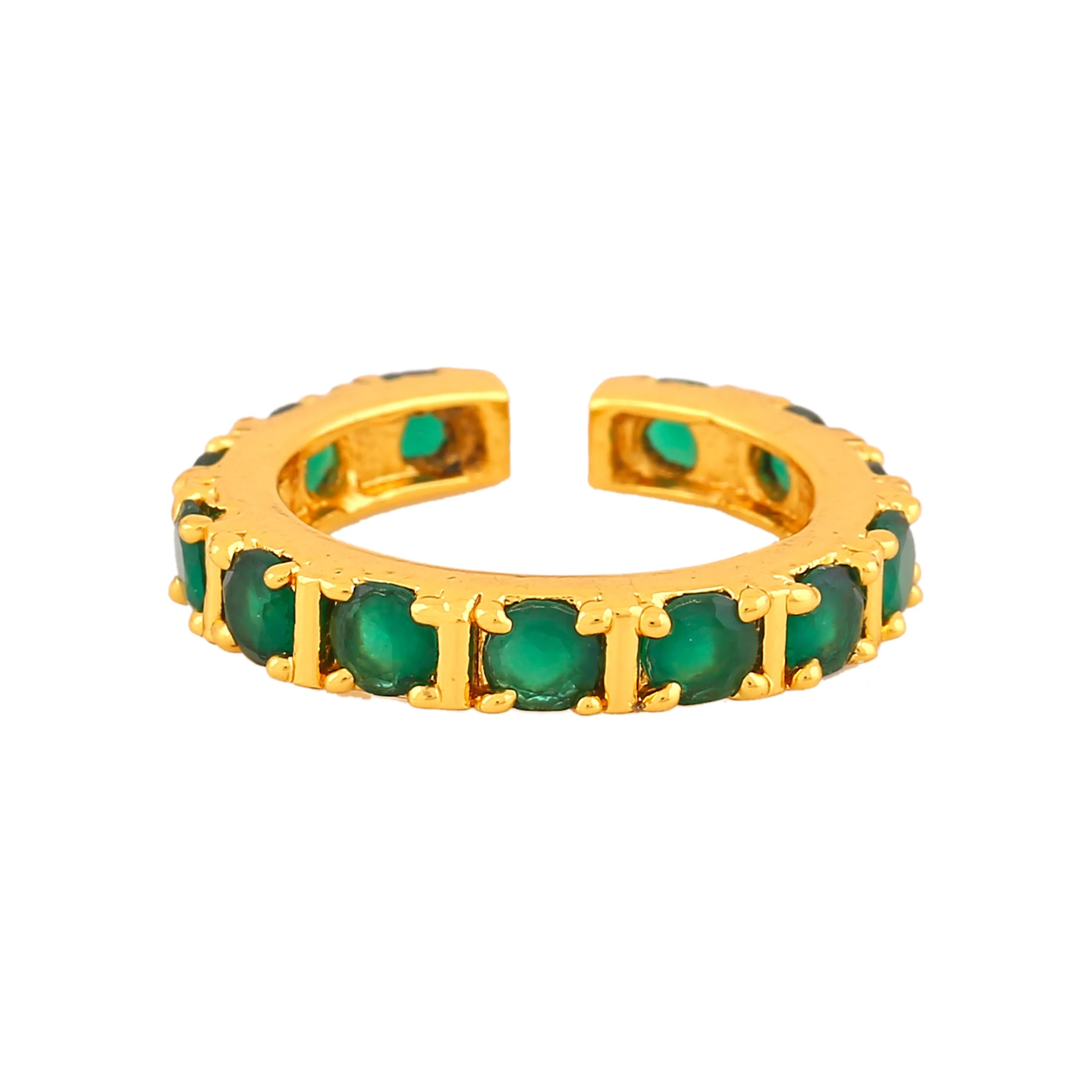 Estele Gold Plated CZ Dazzling Finger Ring with Green Crystals for Women (Adjustable)