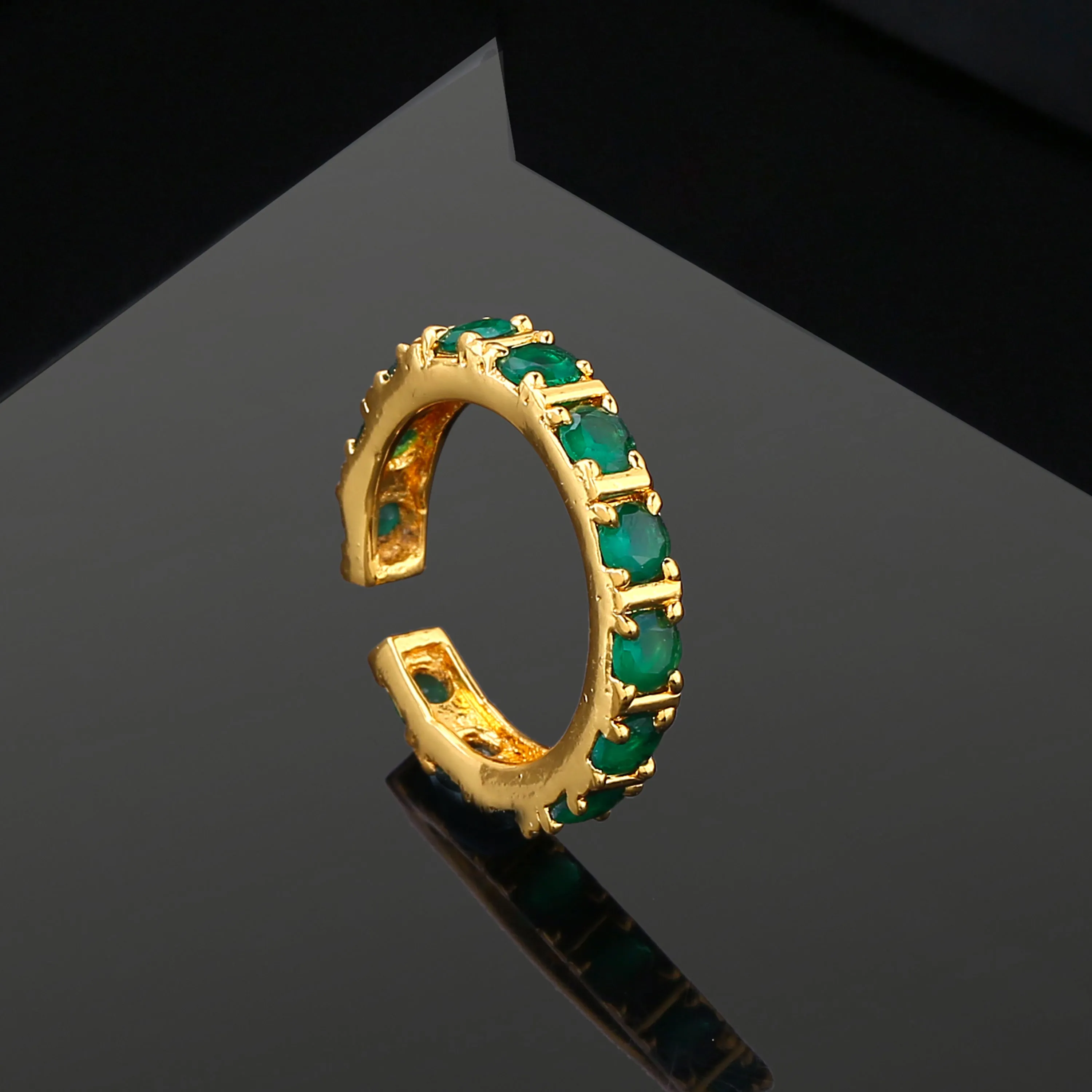 Estele Gold Plated CZ Dazzling Finger Ring with Green Crystals for Women (Adjustable)