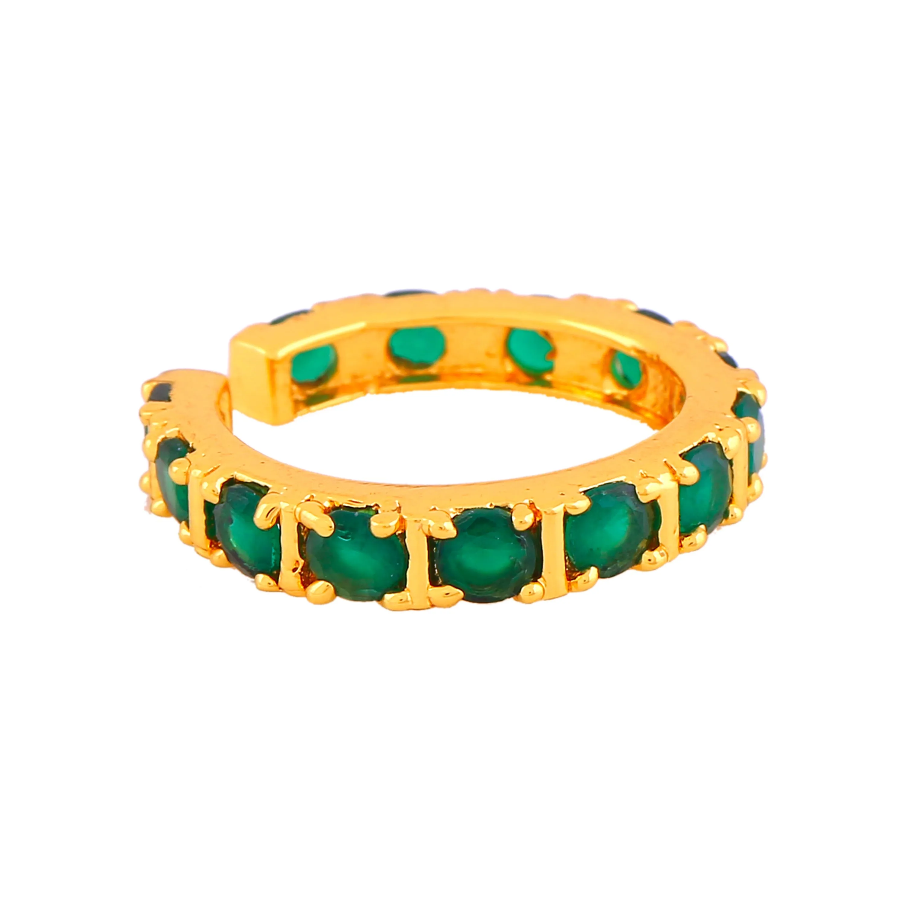 Estele Gold Plated CZ Dazzling Finger Ring with Green Crystals for Women (Adjustable)