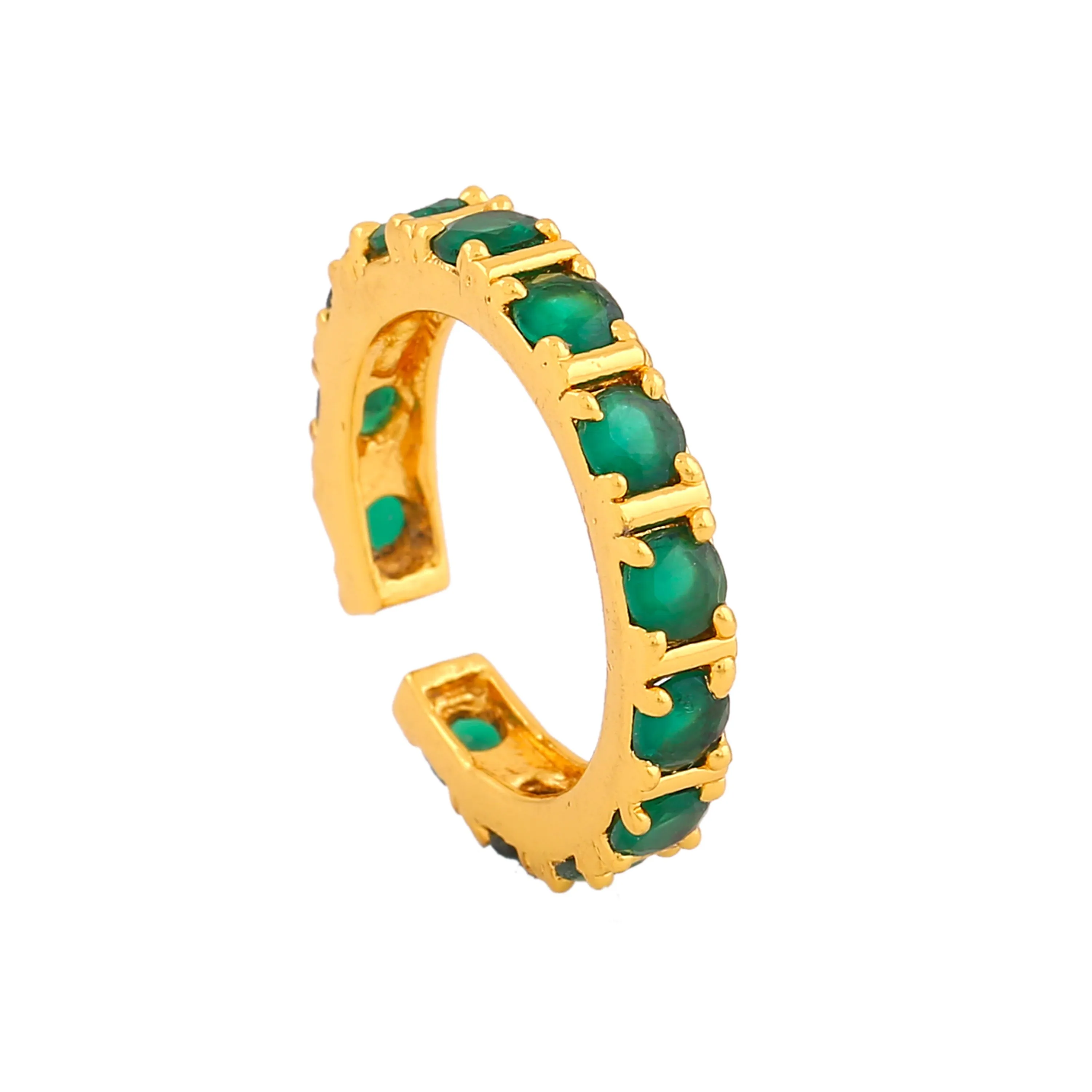 Estele Gold Plated CZ Dazzling Finger Ring with Green Crystals for Women (Adjustable)