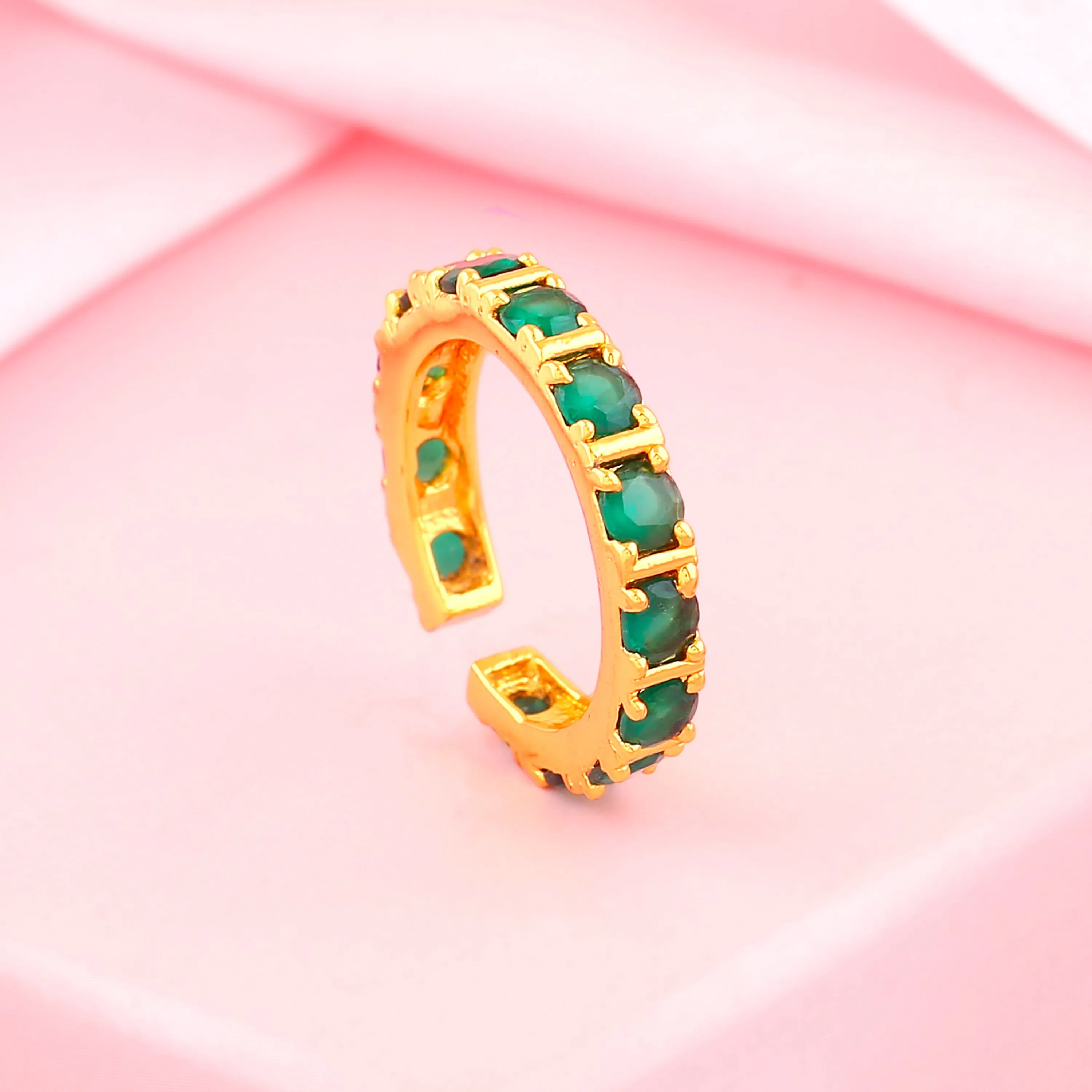 Estele Gold Plated CZ Dazzling Finger Ring with Green Crystals for Women (Adjustable)