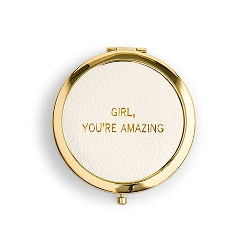 Faux Leather Compact Mirror - You're Amazing Emboss Gold Black