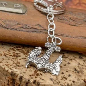 Fenrir and Raven on Thor's Hammer (Mjolnir) Keyring