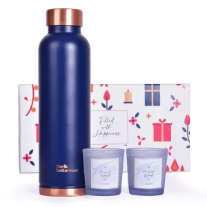 Gleevers Gift Set for Housewarming, Diwali |Gift Box Pack of 3 with The Better Home Water Bottle (Blue, 1 LTR) & 2 Candles (Arabian Wood, 60gm) |Gift for Housewarming, Secret Santa Gifts