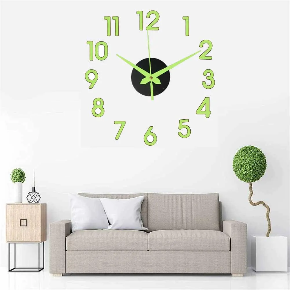 HAATIEME 12Pcs Number Radium Green Glow Sticker Wall Clock-Plastic Foam DIY Creative Abstract 3D Frameless Analogue with Plastic Mirror and Adhesive Stickers for Living 30Cm to 80Cm, Radium/Blue (P2)