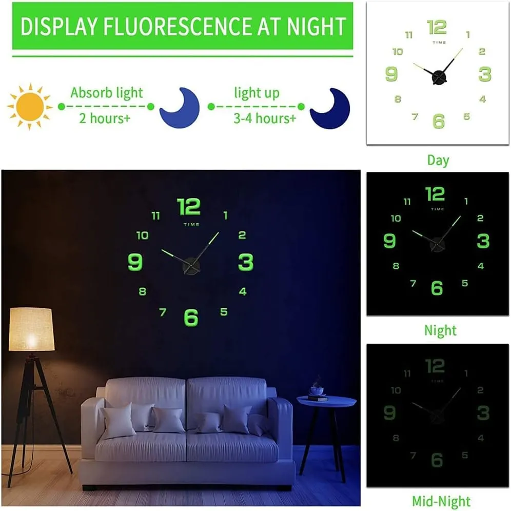 HAATIEME 12Pcs Number Radium Green Glow Sticker Wall Clock-Plastic Foam DIY Creative Abstract 3D Frameless Analogue with Plastic Mirror and Adhesive Stickers for Living 30Cm to 80Cm, Radium/Blue (P2)