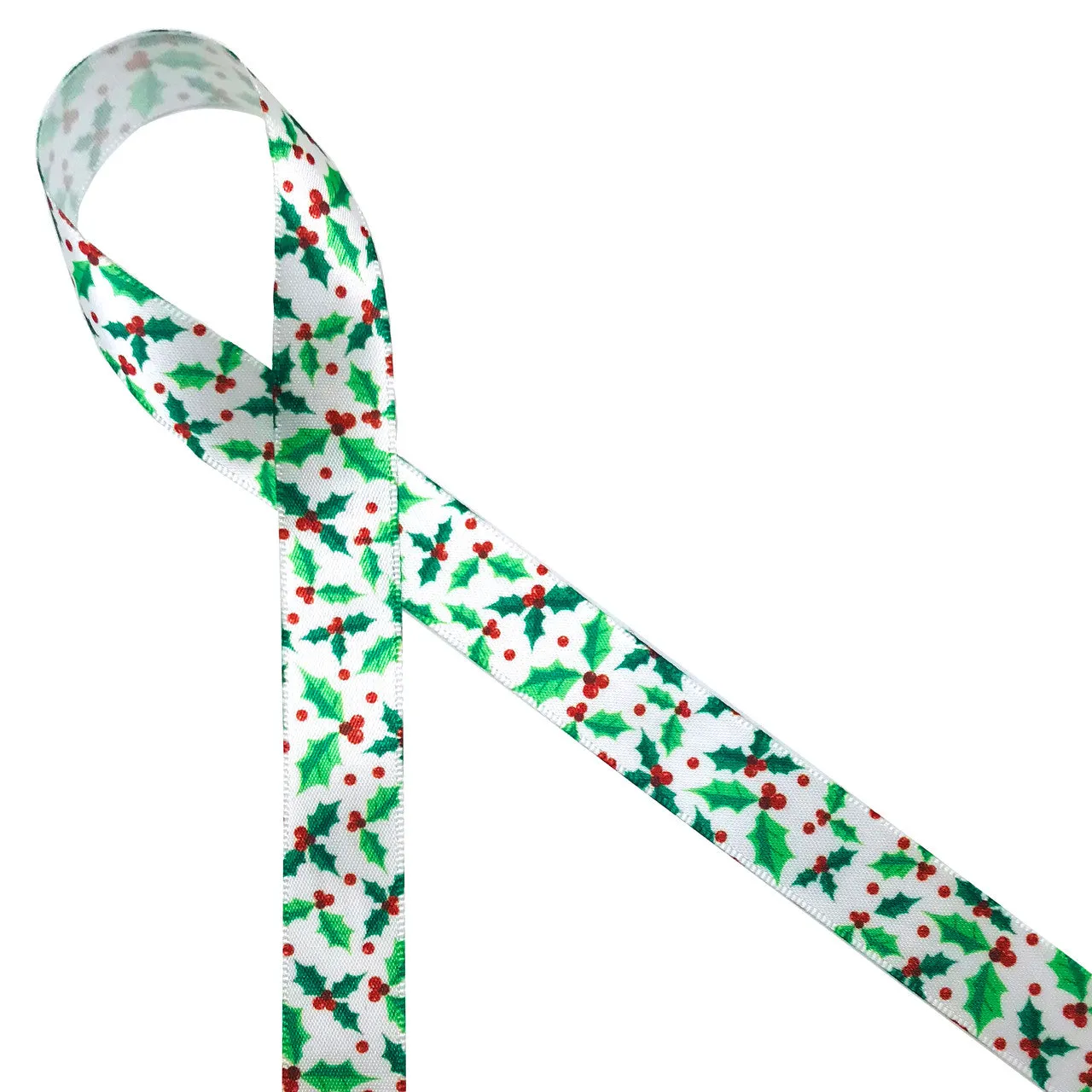 Holly and berries ribbon in green with red berries on 5/8" and 7/8"  white single face satin ribbon