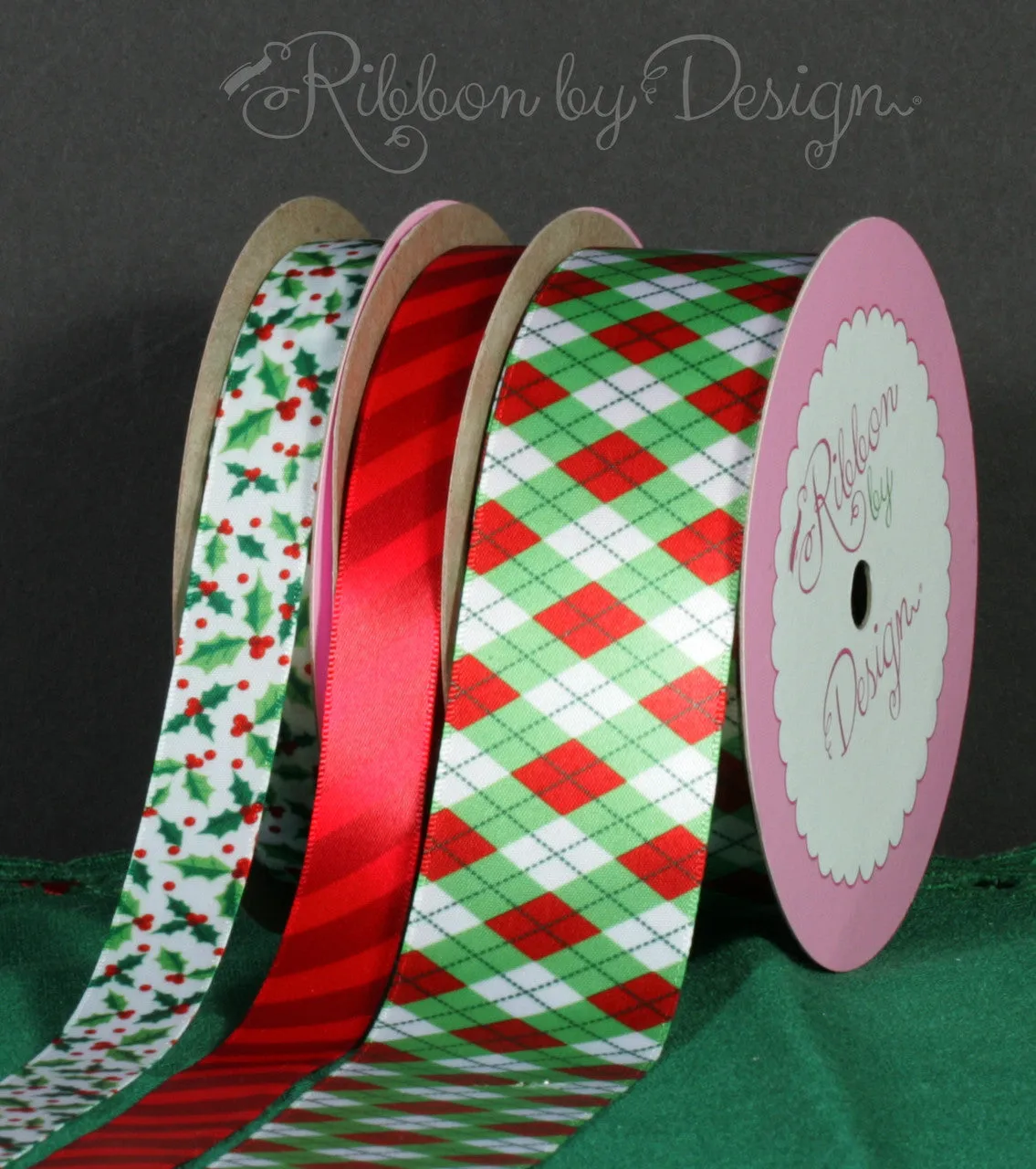 Holly and berries ribbon in green with red berries on 5/8" and 7/8"  white single face satin ribbon