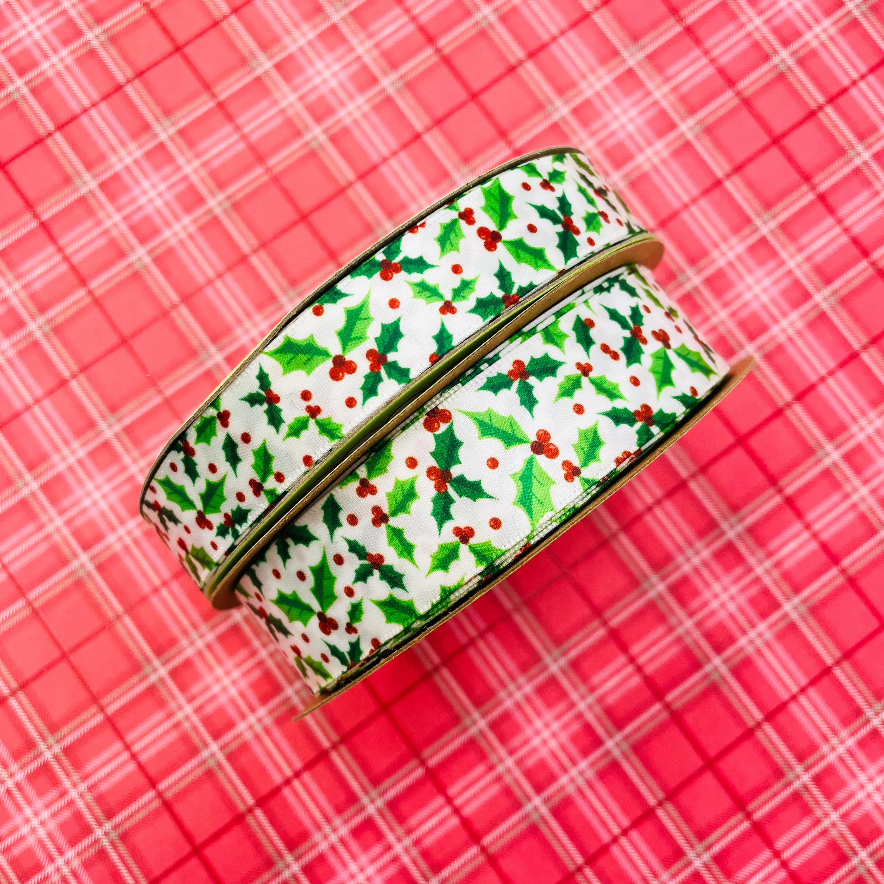 Holly and berries ribbon in green with red berries on 5/8" and 7/8"  white single face satin ribbon