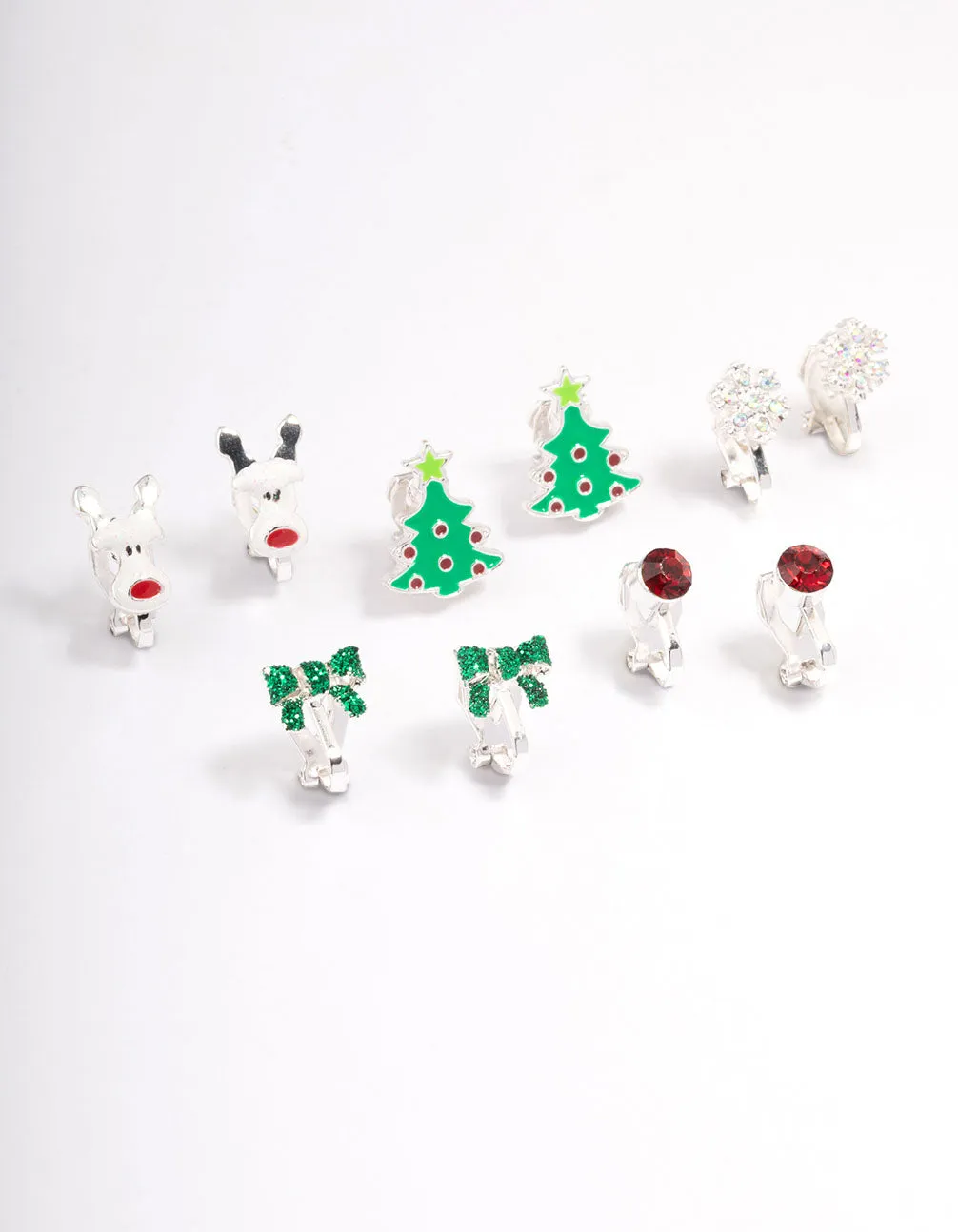 Kids Christmas Glitter Bow Clip On Earrings 5-Pack