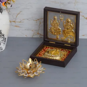 KUSHAL CREATION 24K Gold Plated Laxmi Ganesha Photo Frame Charan Paduka Square Crystal Diya Return Gifts for Home Puja Ganesh Frame for Office