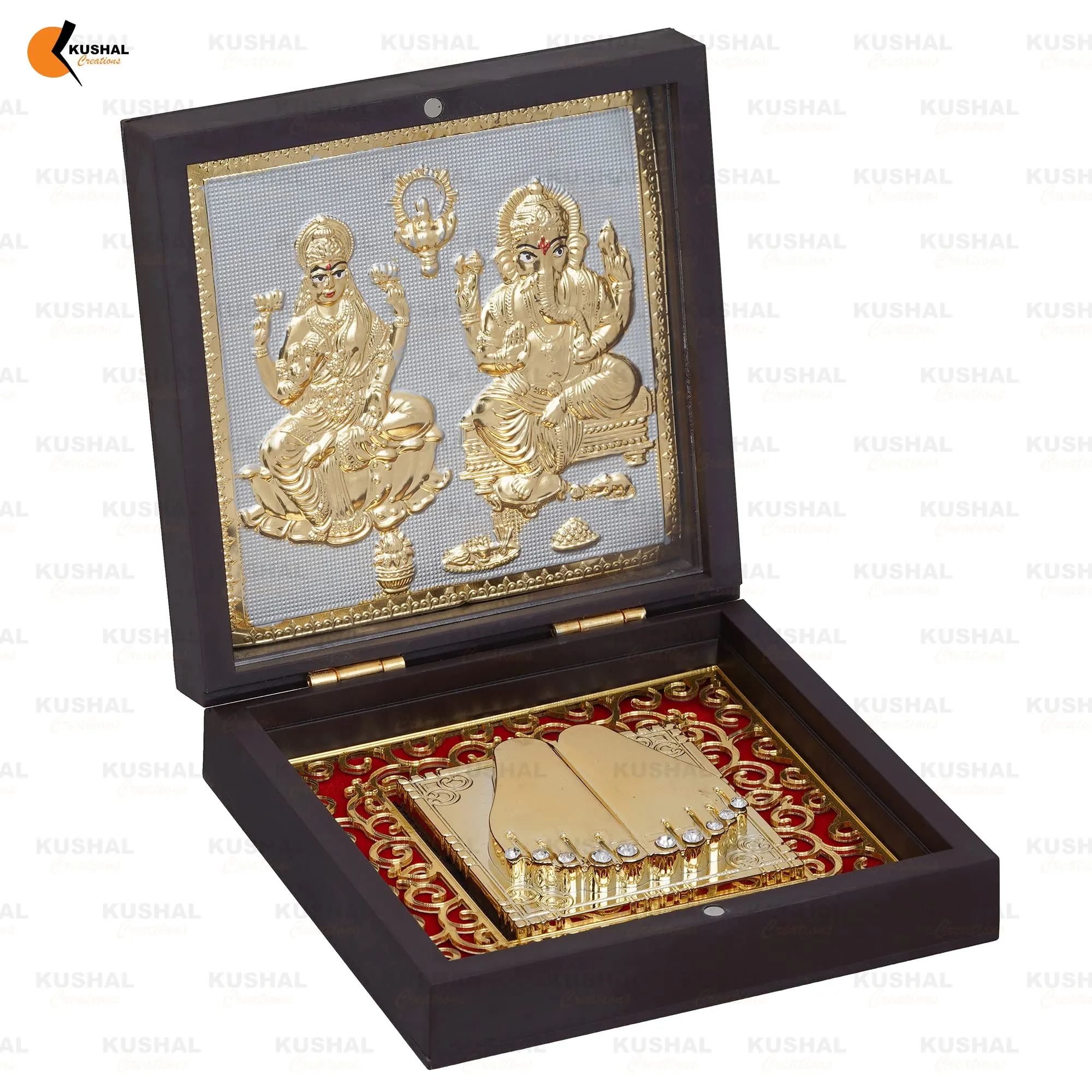 KUSHAL CREATION 24K Gold Plated Laxmi Ganesha Photo Frame Charan Paduka Square Crystal Diya Return Gifts for Home Puja Ganesh Frame for Office