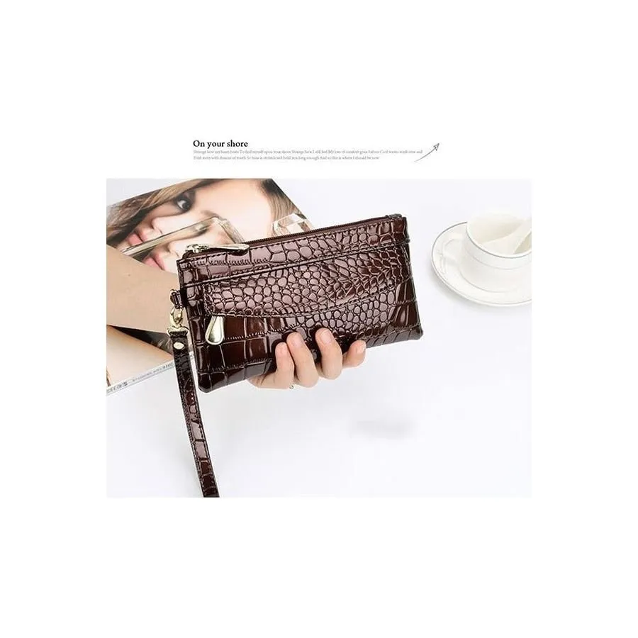 LuxeCroco Double Zip Long Clutch Wallet