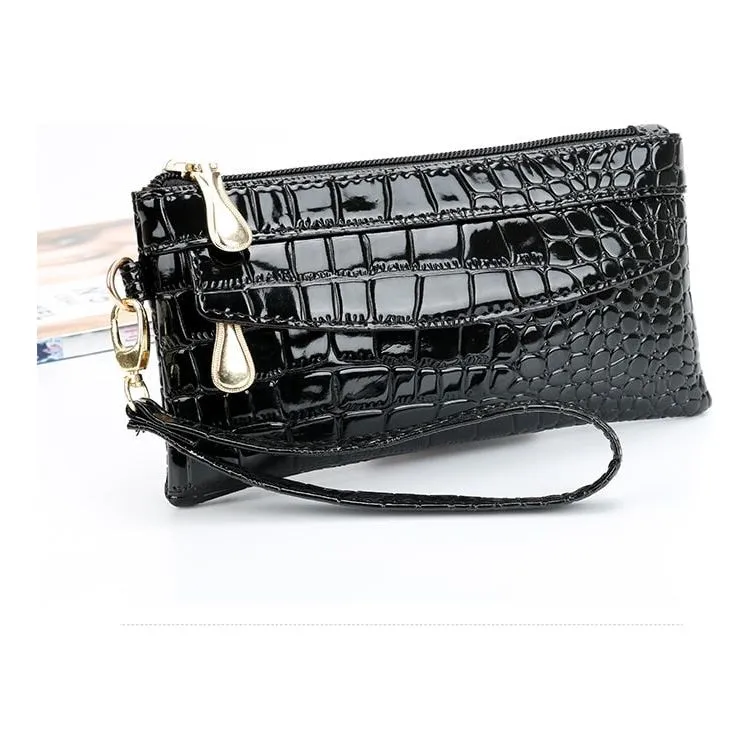 LuxeCroco Double Zip Long Clutch Wallet