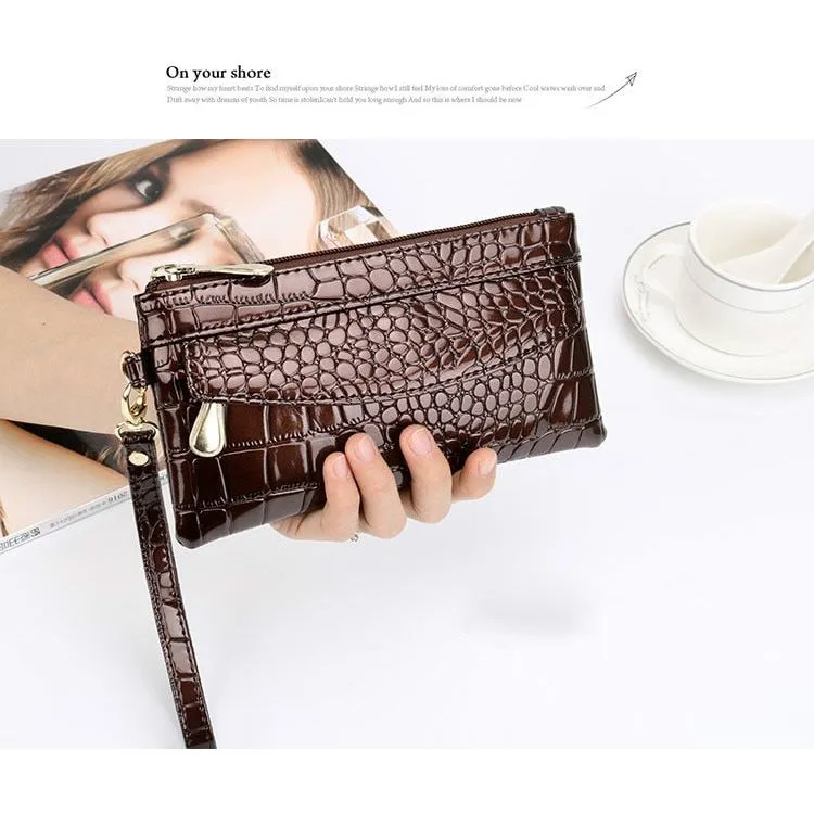 LuxeCroco Double Zip Long Clutch Wallet