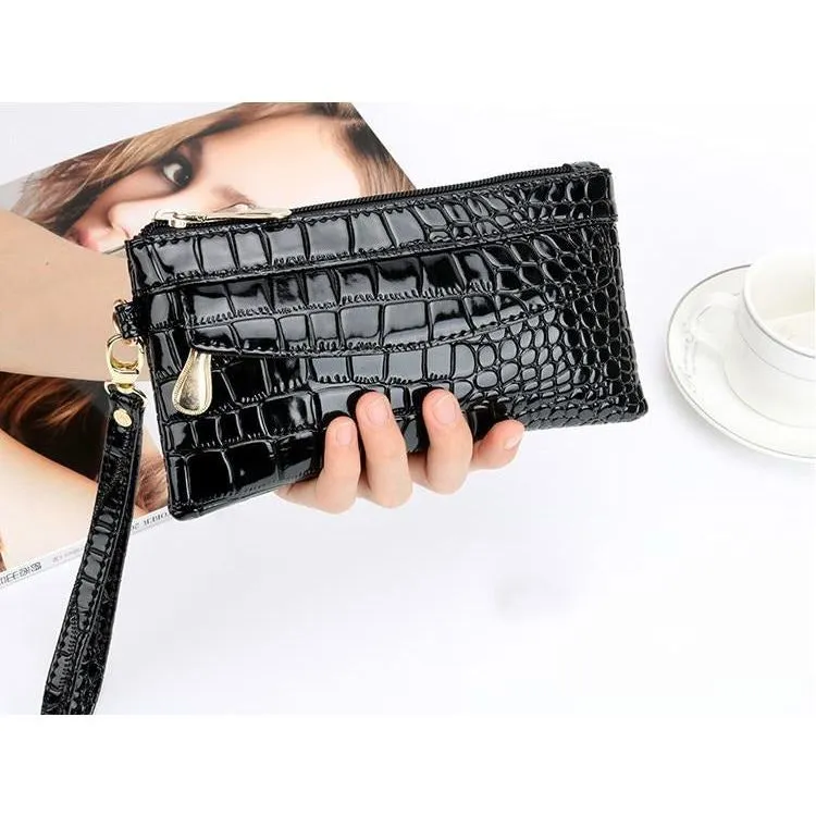 LuxeCroco Double Zip Long Clutch Wallet