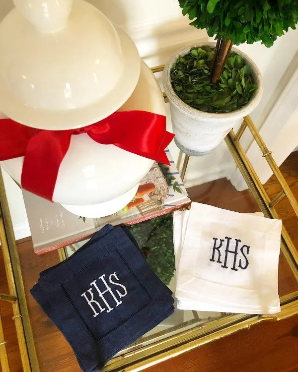 Monogrammed Navy Linen Cocktail Napkins