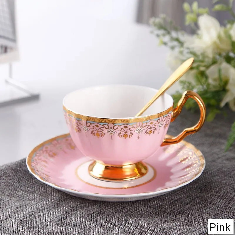 Pink Blue White Bone China Porcelain Tea Cup Set, Unique British Tea Cup and Saucer in Gift Box, Elegant British Ceramic Coffee Cups for Afternoon Tea