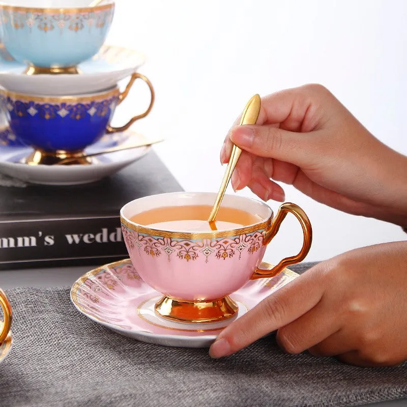 Pink Blue White Bone China Porcelain Tea Cup Set, Unique British Tea Cup and Saucer in Gift Box, Elegant British Ceramic Coffee Cups for Afternoon Tea