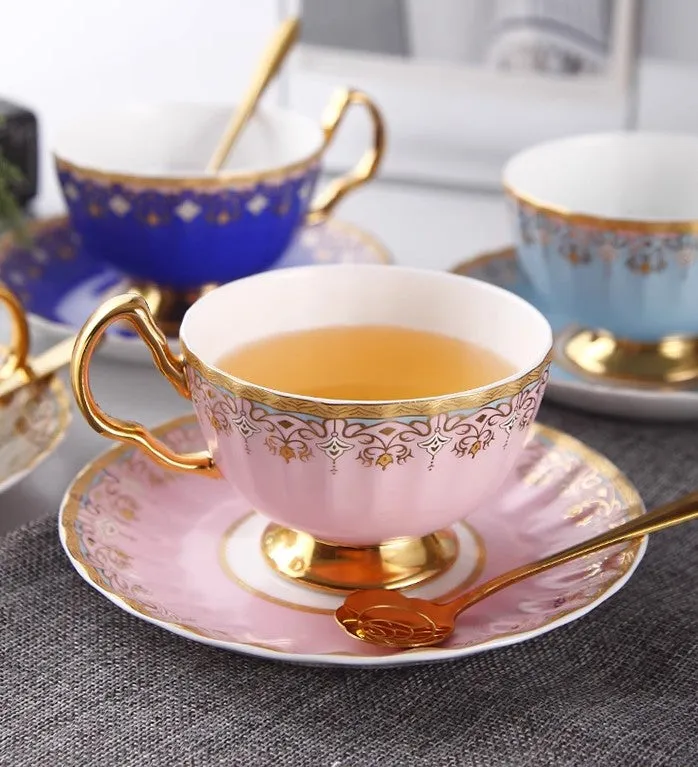 Pink Blue White Bone China Porcelain Tea Cup Set, Unique British Tea Cup and Saucer in Gift Box, Elegant British Ceramic Coffee Cups for Afternoon Tea