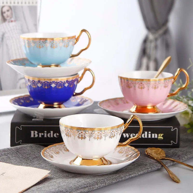 Pink Blue White Bone China Porcelain Tea Cup Set, Unique British Tea Cup and Saucer in Gift Box, Elegant British Ceramic Coffee Cups for Afternoon Tea