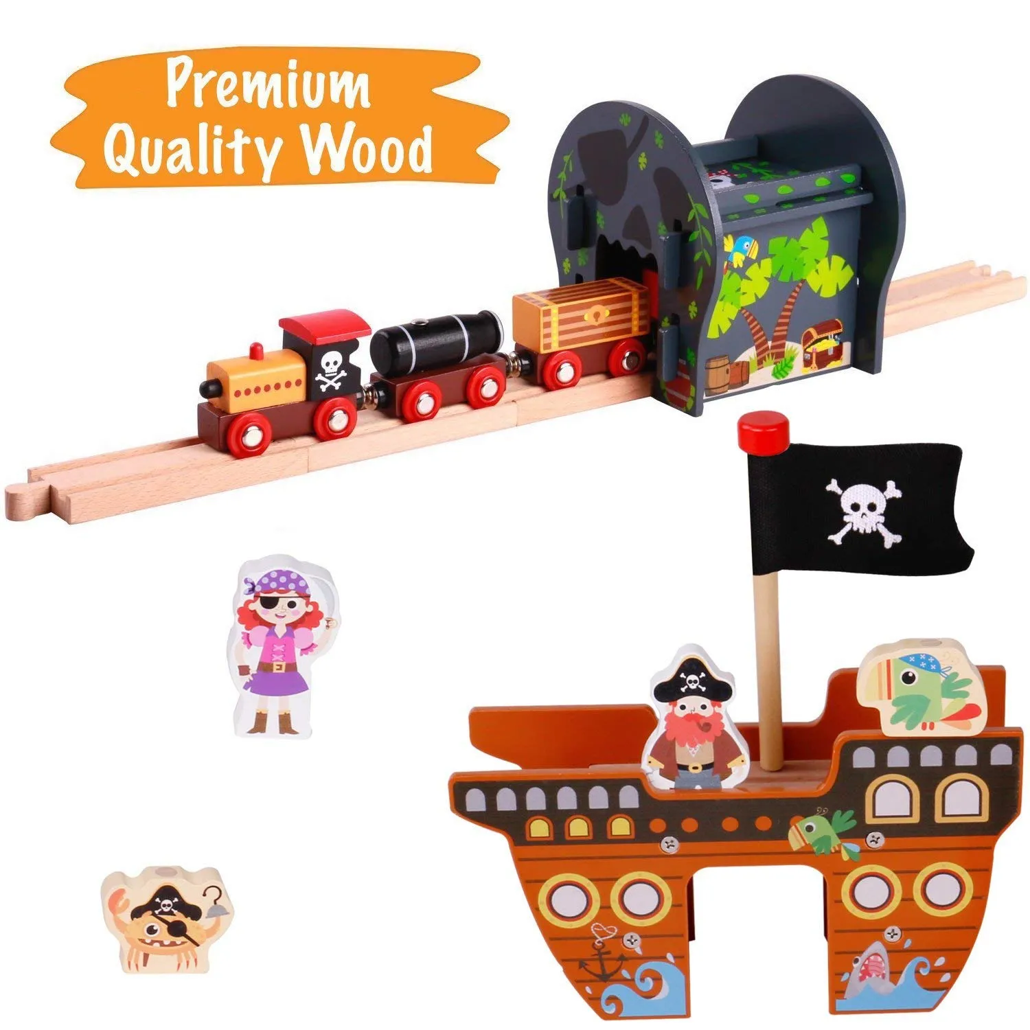 Pirate Theme Wooden Train Set - 72 Pcs - Includes Magnet Fishing Pole