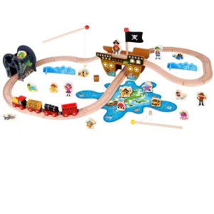 Pirate Theme Wooden Train Set - 72 Pcs - Includes Magnet Fishing Pole