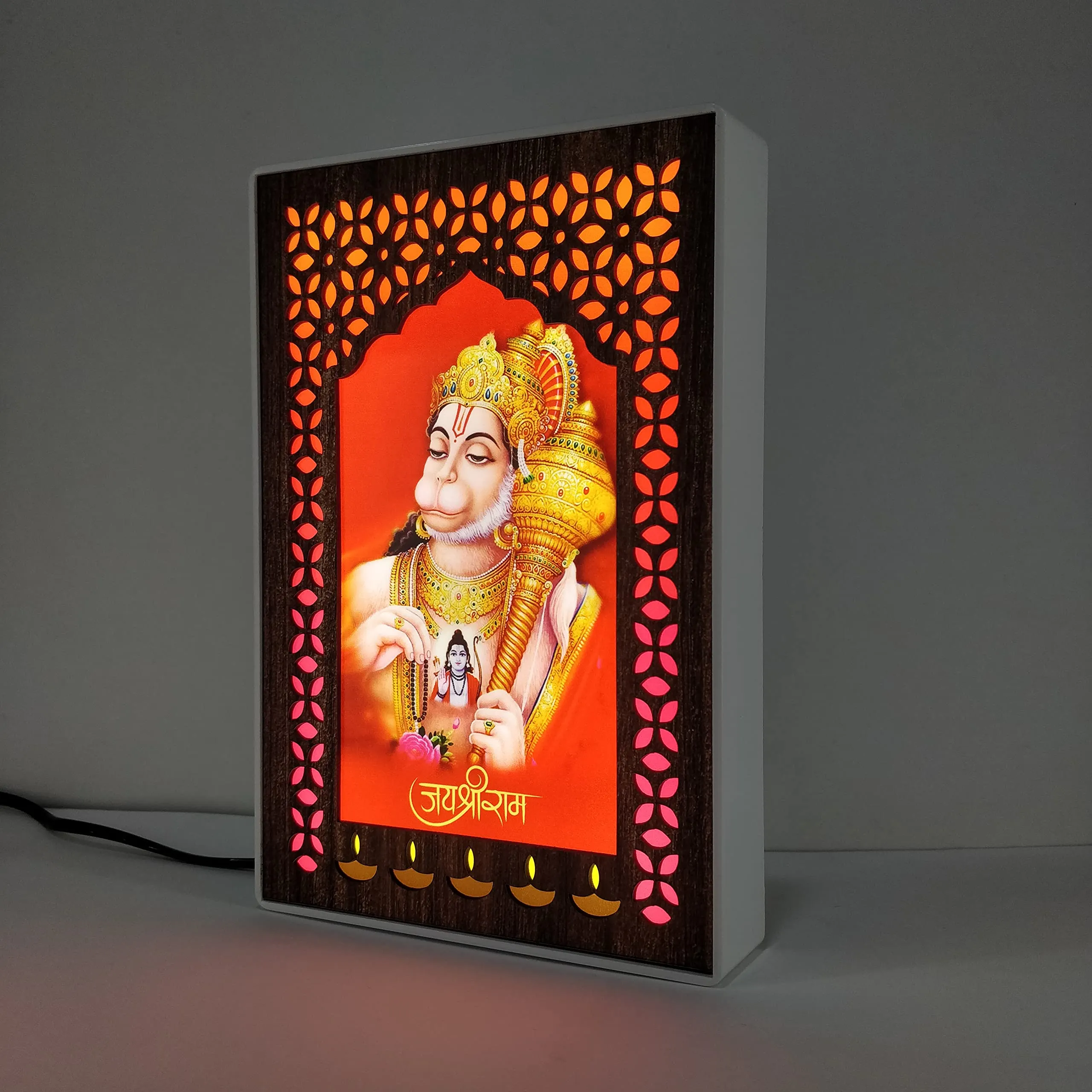 Regalo Casila REGALOCASILA Hanuman Ji Religious Photo Frames With Light For Pooja Room Temple Office& Home Decoration Good Luck Gift White Cabinet Frame Size: 6x9 In