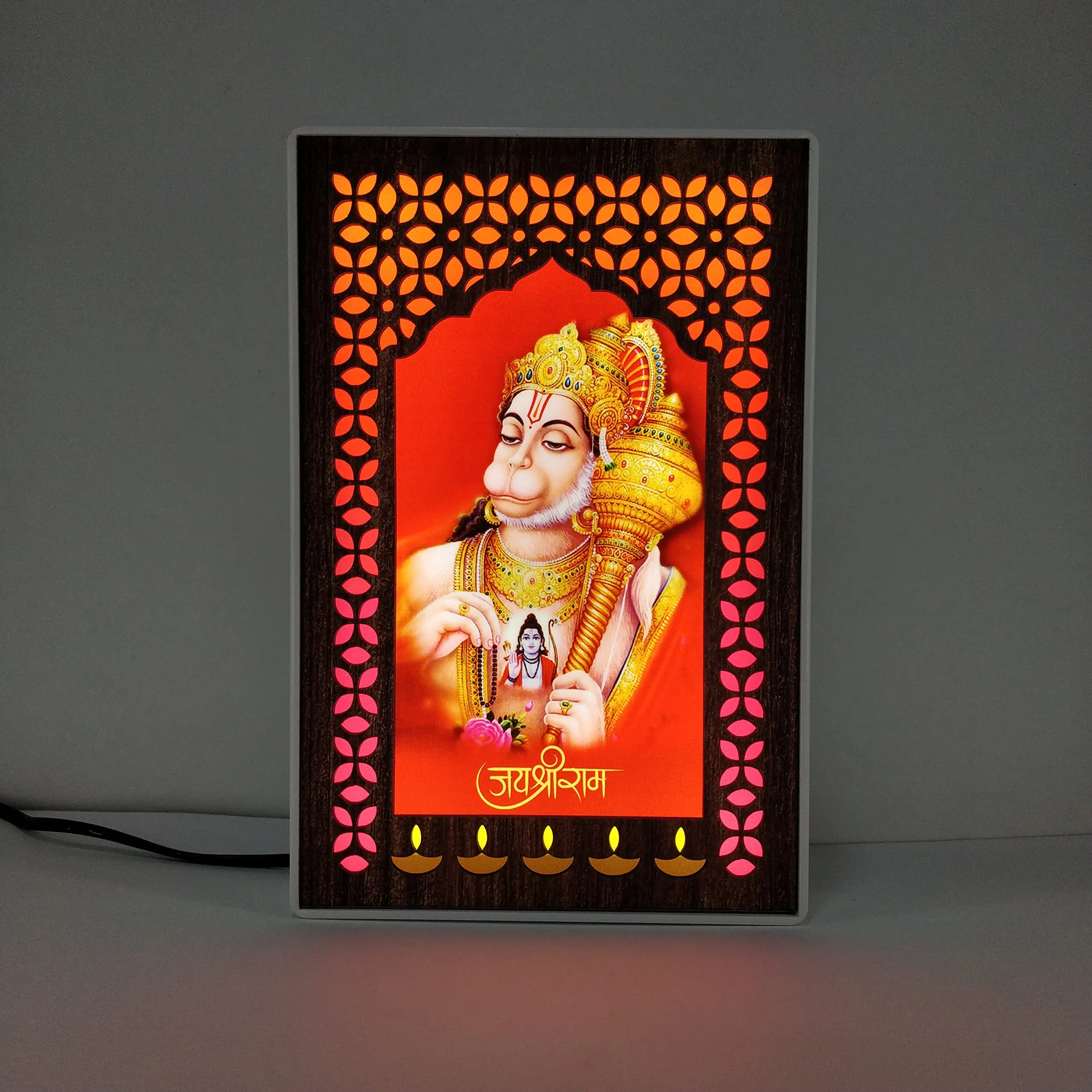 Regalo Casila REGALOCASILA Hanuman Ji Religious Photo Frames With Light For Pooja Room Temple Office& Home Decoration Good Luck Gift White Cabinet Frame Size: 6x9 In