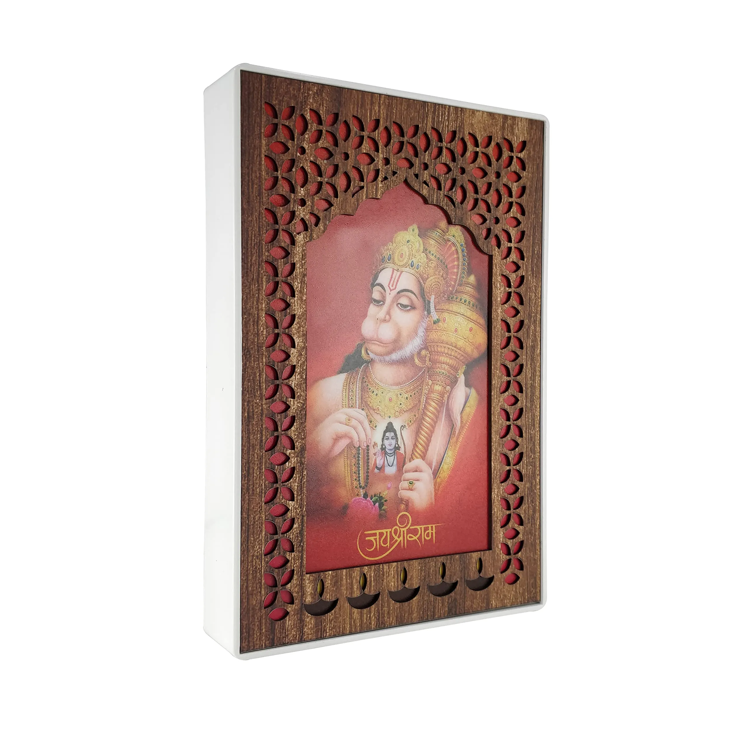 Regalo Casila REGALOCASILA Hanuman Ji Religious Photo Frames With Light For Pooja Room Temple Office& Home Decoration Good Luck Gift White Cabinet Frame Size: 6x9 In