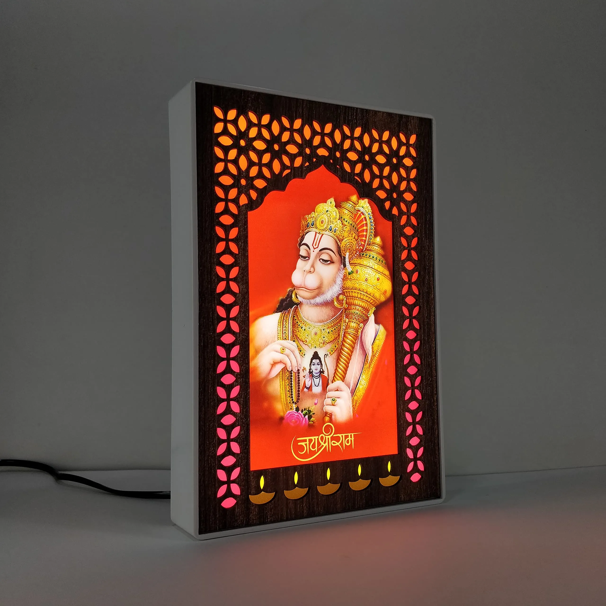 Regalo Casila REGALOCASILA Hanuman Ji Religious Photo Frames With Light For Pooja Room Temple Office& Home Decoration Good Luck Gift White Cabinet Frame Size: 6x9 In