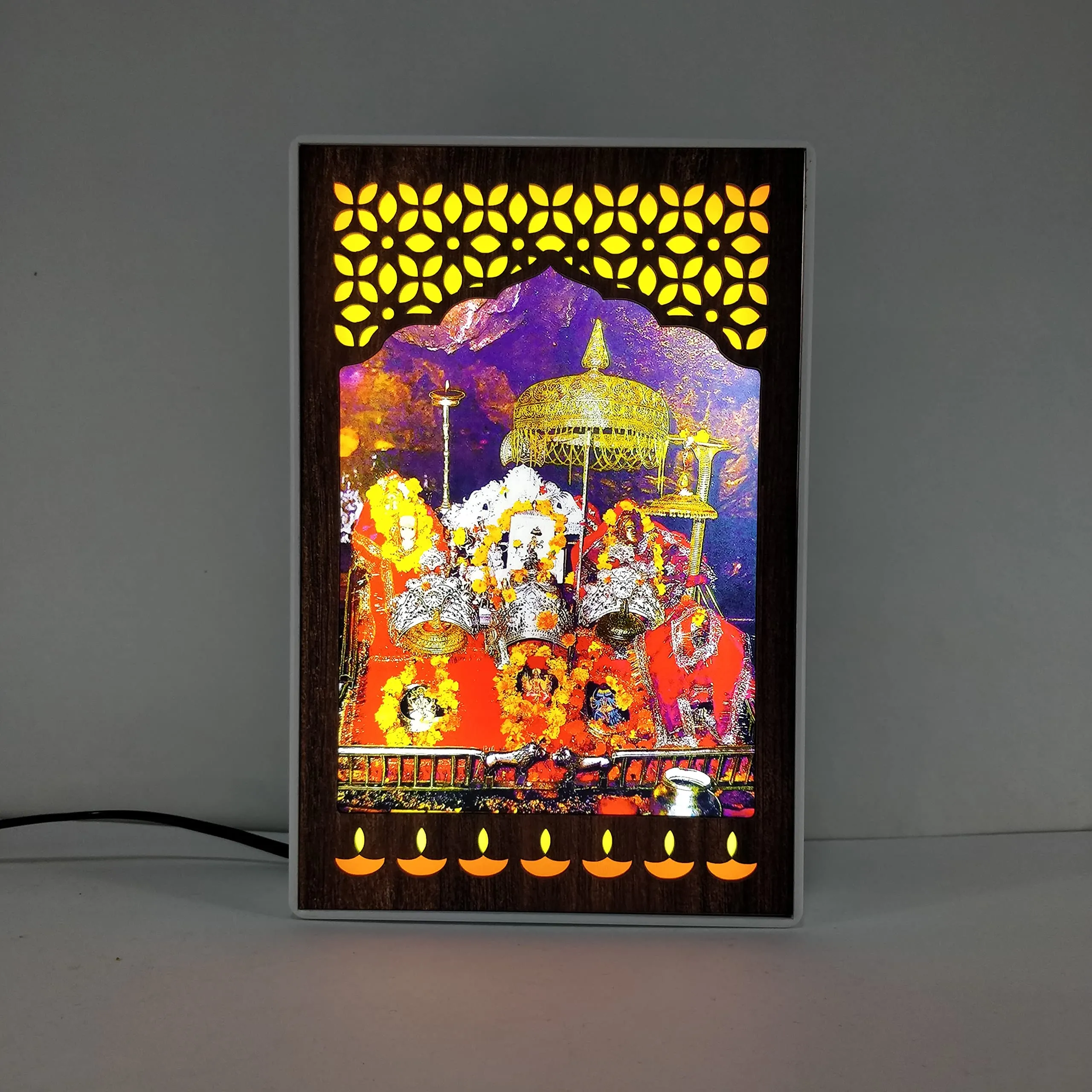 Regalo Casila REGALOCASILA Vaishno Maa Religious Photo Frames With Light For Pooja Room Temple Office& Home Decoration Good Luck Gift White Cabinet Frame Size: 6x9 In