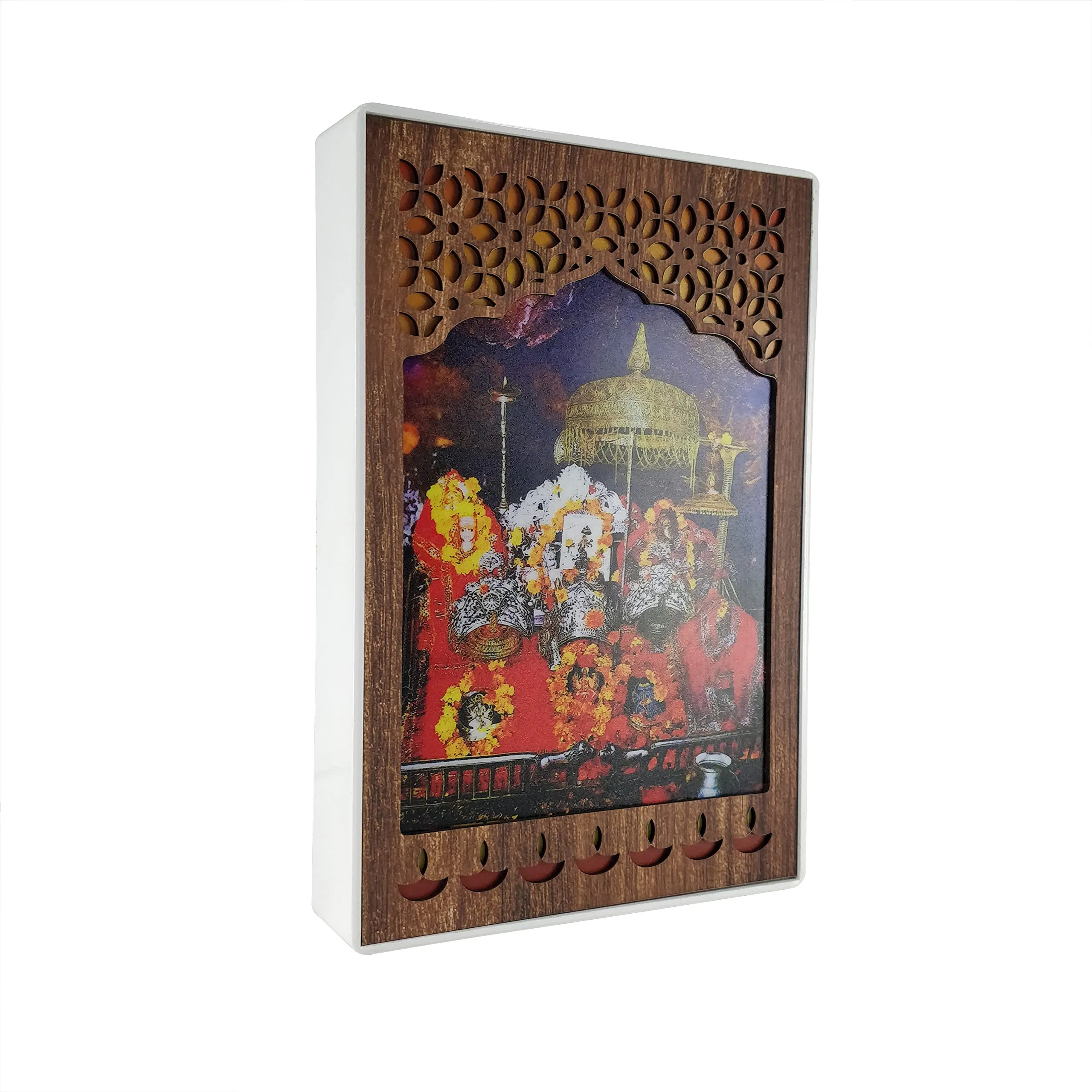 Regalo Casila REGALOCASILA Vaishno Maa Religious Photo Frames With Light For Pooja Room Temple Office& Home Decoration Good Luck Gift White Cabinet Frame Size: 6x9 In