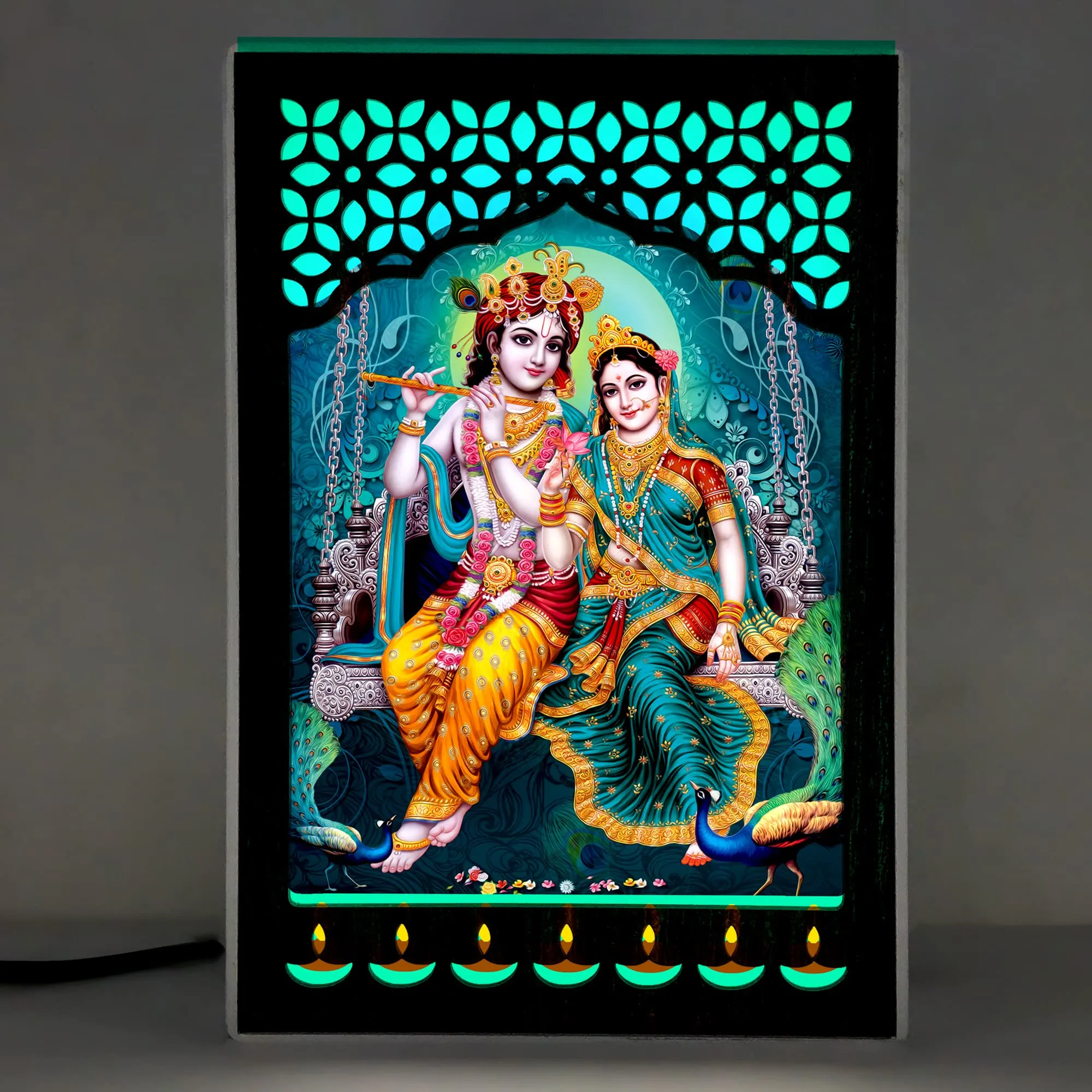 REGALOCASILA Lord Krishna & Radha Playing Fluet On Jhula Photo Frame With Light For Pooja Room | LED Jali Mandir | Gifts For Any Occasion Table Decor| Size: 6 x 9 Inches 7DGLF347 Multicolour