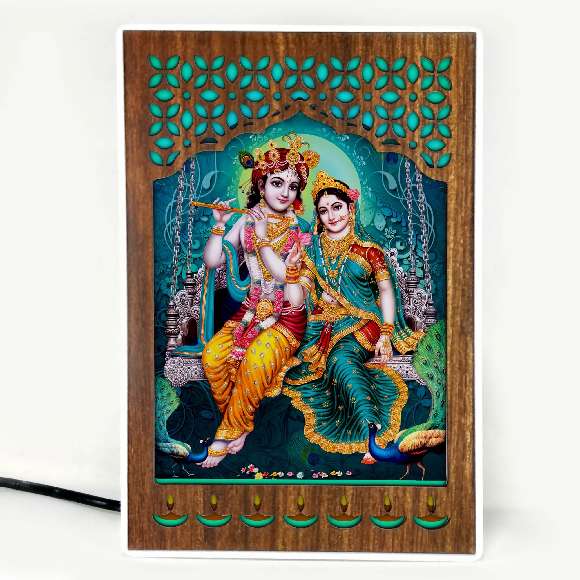 REGALOCASILA Lord Krishna & Radha Playing Fluet On Jhula Photo Frame With Light For Pooja Room | LED Jali Mandir | Gifts For Any Occasion Table Decor| Size: 6 x 9 Inches 7DGLF347 Multicolour