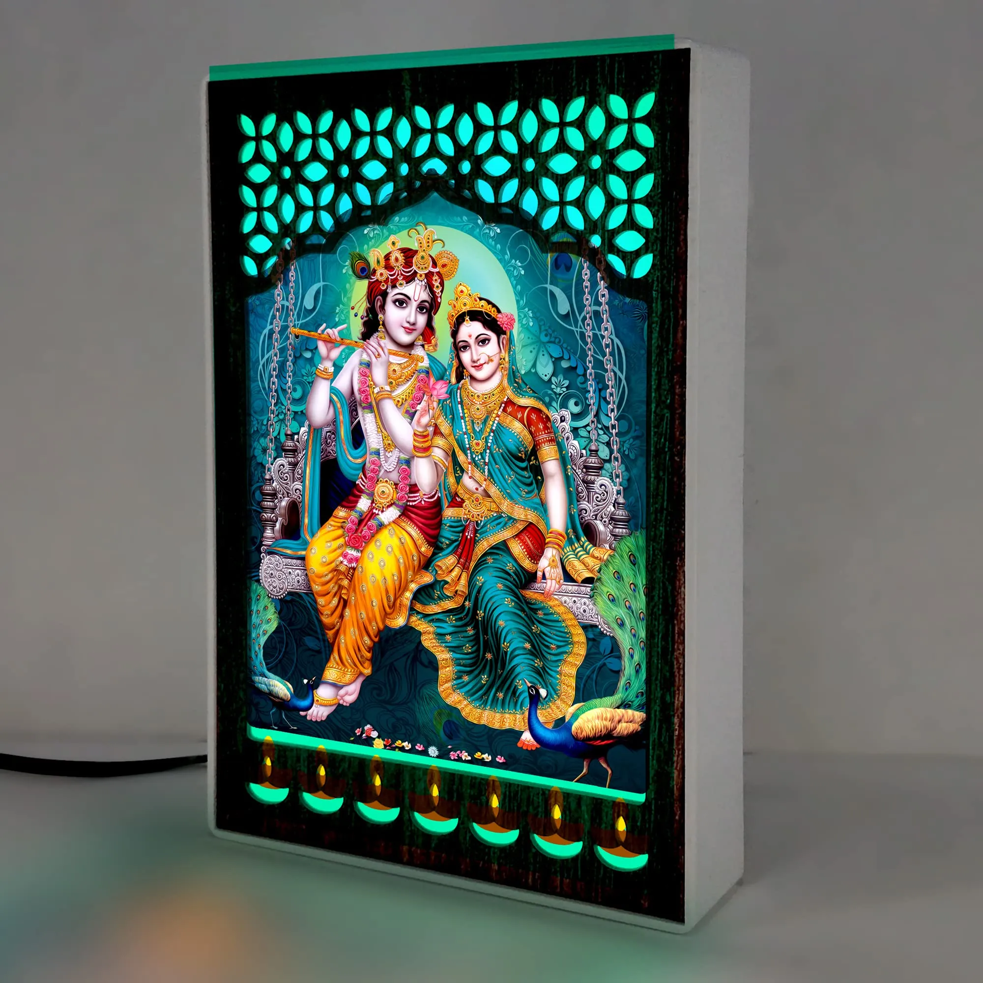 REGALOCASILA Lord Krishna & Radha Playing Fluet On Jhula Photo Frame With Light For Pooja Room | LED Jali Mandir | Gifts For Any Occasion Table Decor| Size: 6 x 9 Inches 7DGLF347 Multicolour